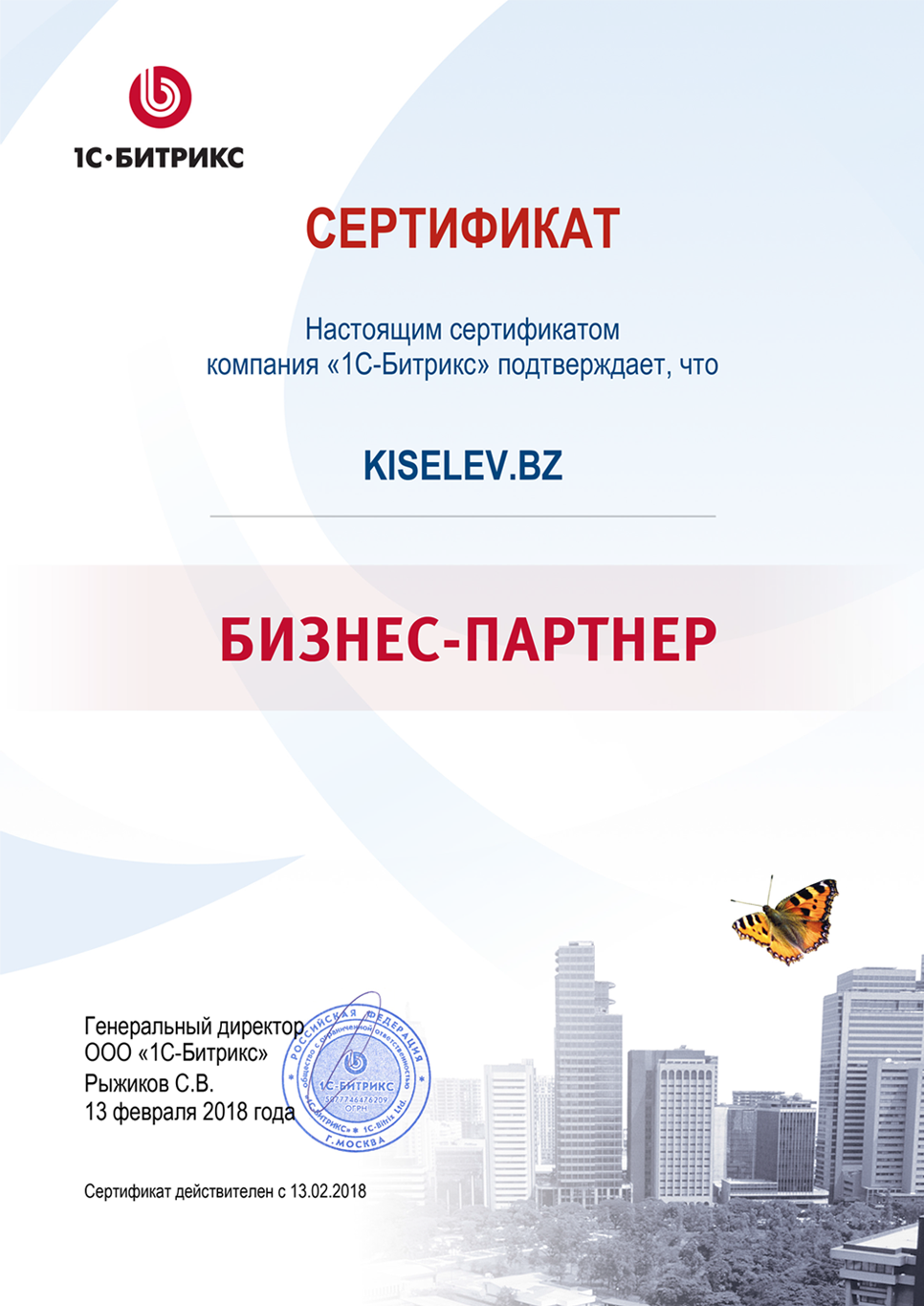 Сертификат партнёра по СРМ системам в Нижних Сергах